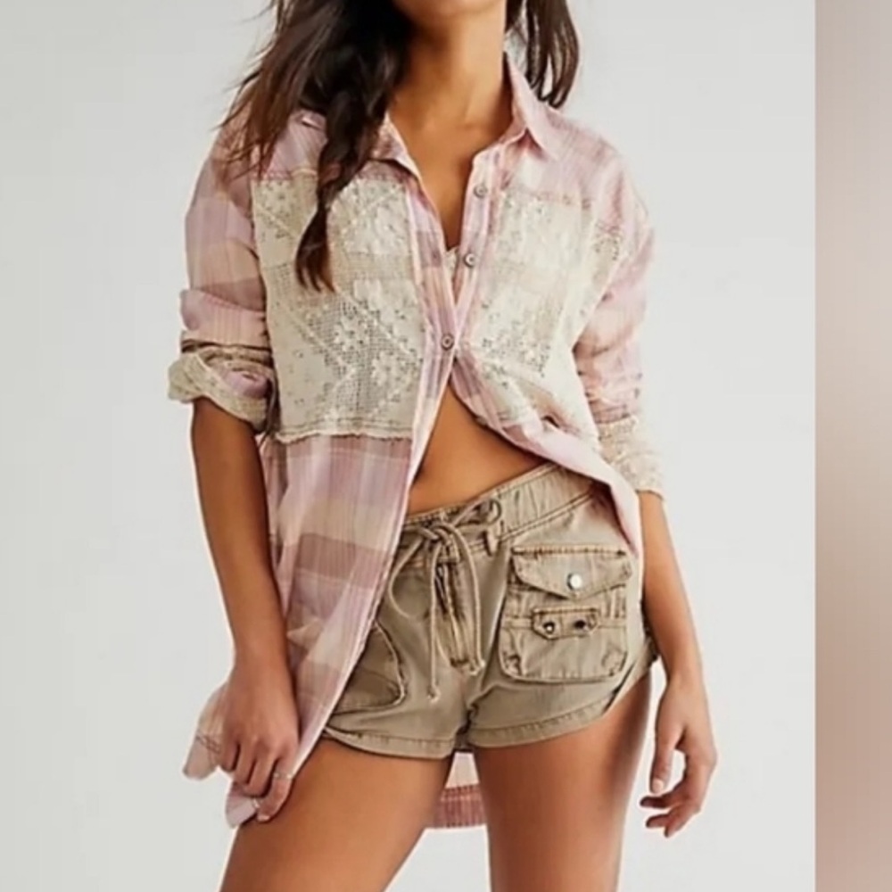 Free People Double Cross Cutwork Plaid Top